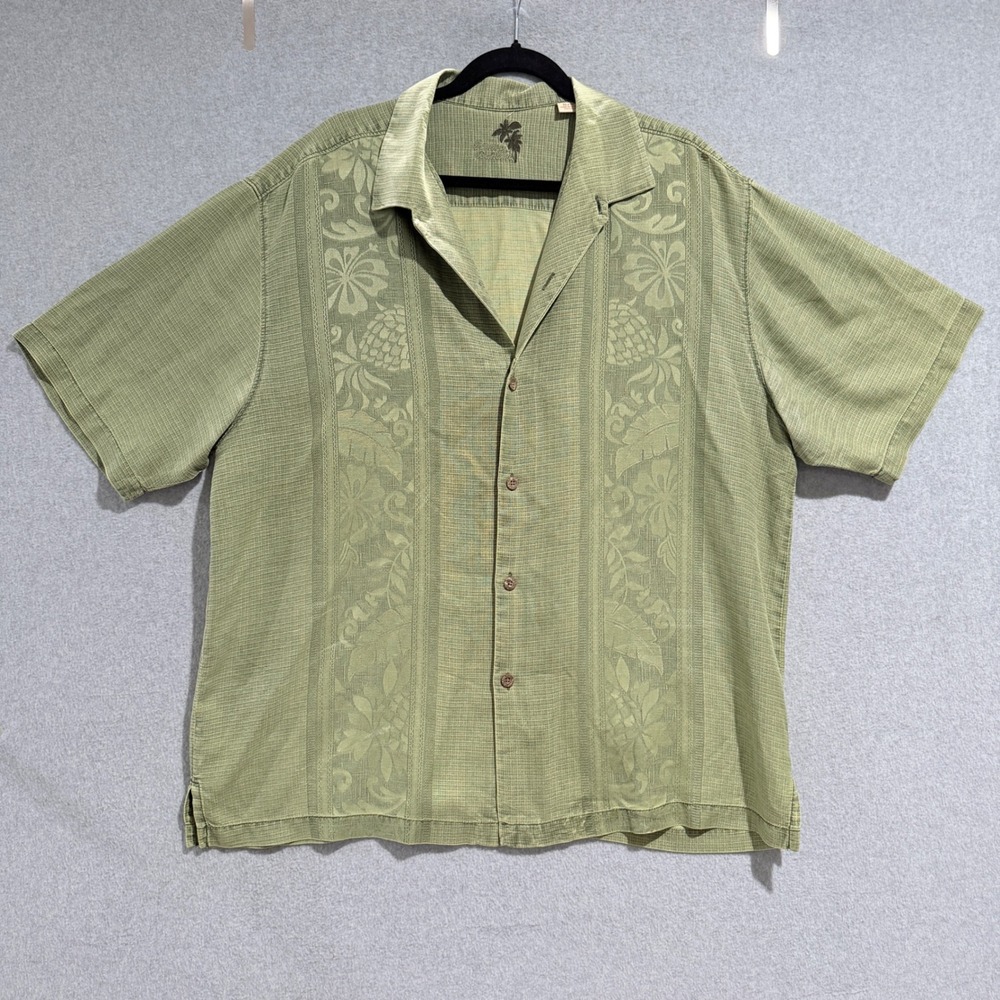 Tommy Bahama Mens XL Silk Camp Shirt Sage Green Tropical Pineapple Jacquard SS